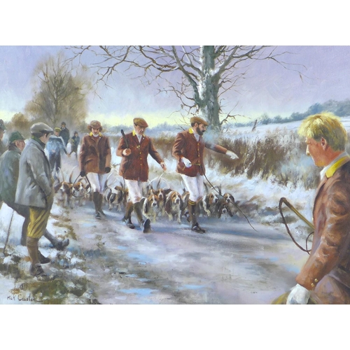 208 - Mick Cawston (British, 1959-2006): a Hunt Meeting, depicting Huntsmen and hounds walking along a roa... 