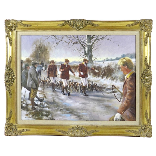 208 - Mick Cawston (British, 1959-2006): a Hunt Meeting, depicting Huntsmen and hounds walking along a roa... 