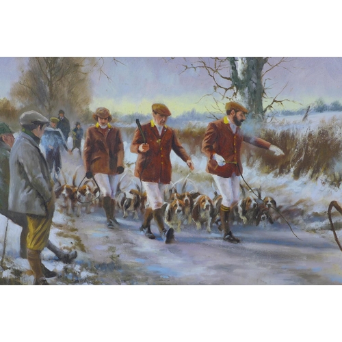 208 - Mick Cawston (British, 1959-2006): a Hunt Meeting, depicting Huntsmen and hounds walking along a roa... 