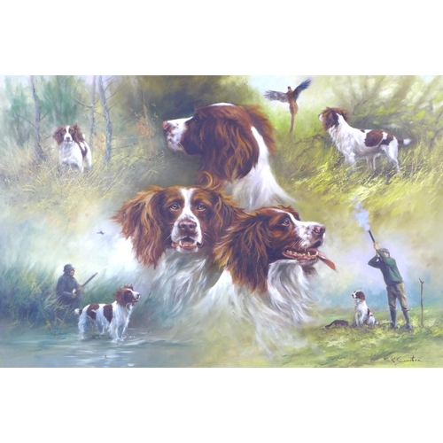 209 - Mick Cawston (British, 1959-2006): a shooting montage, depicting spaniel studies and shooting, signe... 