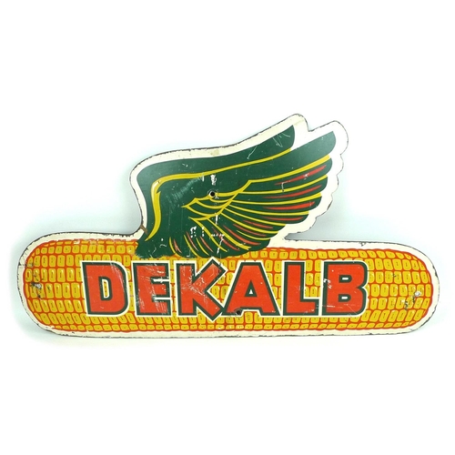 218 - A vintage 'DEKALB' advertising sign, with corn cob and wings logo, made from particle board. 78.5 by... 