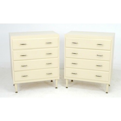 229 - A pair of retro cream painted chests, circa 1950, each with four drawers, slender bar handles, and r... 