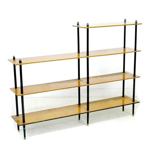 233 - A retro design set of open shelving, circa 1960's, the one short over three long plywood shelves sup... 