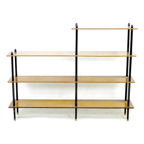 233 - A retro design set of open shelving, circa 1960's, the one short over three long plywood shelves sup... 