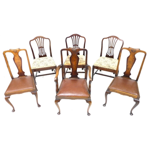 245 - A mid 20th century dining table and six chairs, in Queen Anne style, comprising two sets of three di... 