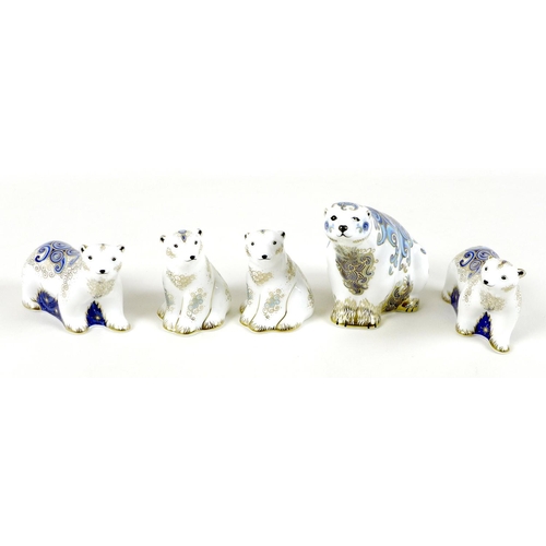 25 - A group of five Royal Crown Derby paperweights, all modelled as polar bears, comprising a pair 'Bori... 