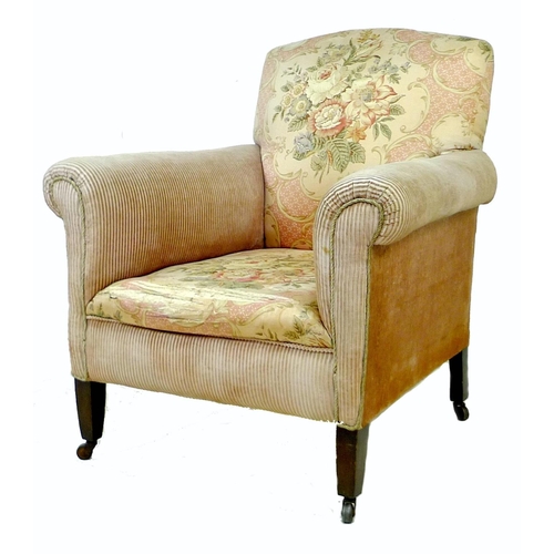 258 - A Victorian armchair, with scroll arms, upholstered in striped velvet with floral satin to the seat ... 