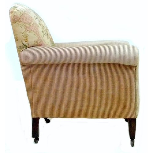 258 - A Victorian armchair, with scroll arms, upholstered in striped velvet with floral satin to the seat ... 