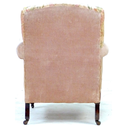 258 - A Victorian armchair, with scroll arms, upholstered in striped velvet with floral satin to the seat ... 