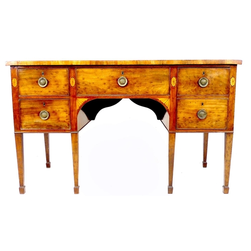 283 - A George III mahogany and fan paterae inlaid sideboard, with five drawers, brass ring handles, raise... 