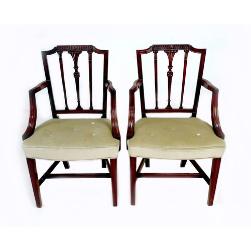 284 - A pair of 19th century open armchairs, with carved rails and splats, padded pale green velvet seats,... 