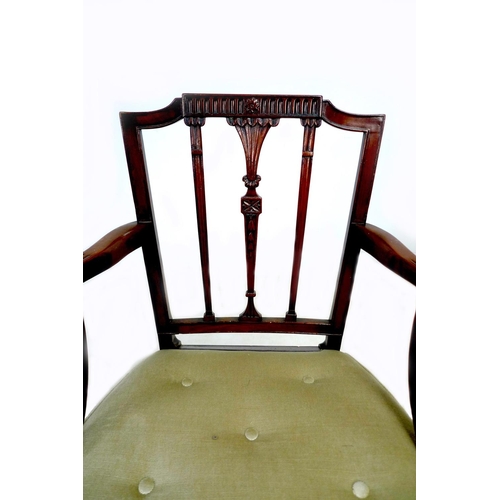 284 - A pair of 19th century open armchairs, with carved rails and splats, padded pale green velvet seats,... 