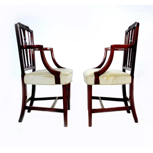 284 - A pair of 19th century open armchairs, with carved rails and splats, padded pale green velvet seats,... 