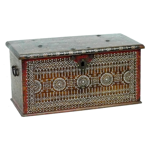 305 - A Persian mother of pearl inlaid wooden casket, probably Afghanistan, with iron carry handled to eac... 