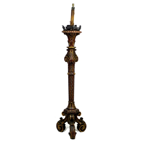 311 - An early 20th century Italian style torchere standard lamp, decorated with gilt and polychrome folia... 