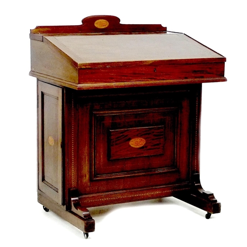 312 - An Edwardian mahogany and inlaid Davenport desk, with lift lid opening to reveal a fitted interior, ... 