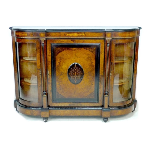 318 - A Victorian burr walnut veneered credenza, marquetry and line inlaid with boxwood and ebony, the cen... 