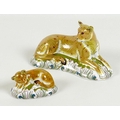 Two Royal Crown Derby paperweights, modelled as 'Lioness', MMXI, gold stopper, 10.8cm high, boxed, a... 