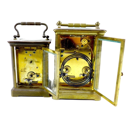 61 - Two French brass carriage clocks, late 19th century, each with five glass case, white dial with blac... 