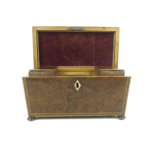 64 - A 19th century burr walnut tea caddy of sarcophagus form, bordered with Tunbridgeware inlay and boxw... 