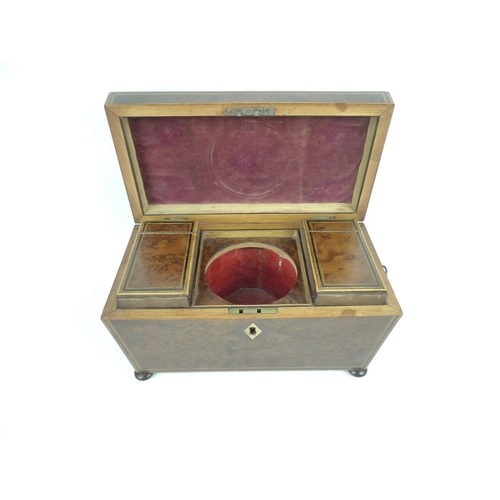 64 - A 19th century burr walnut tea caddy of sarcophagus form, bordered with Tunbridgeware inlay and boxw... 