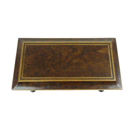 64 - A 19th century burr walnut tea caddy of sarcophagus form, bordered with Tunbridgeware inlay and boxw... 