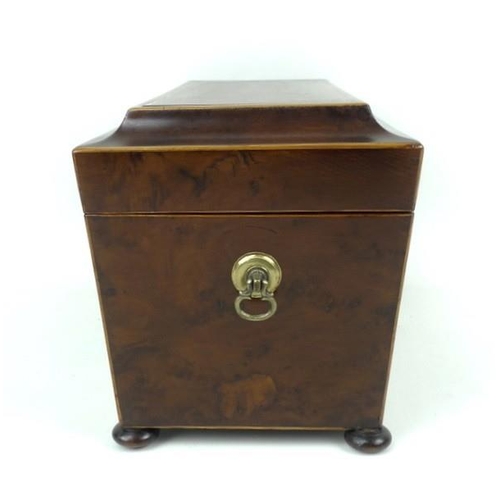 64 - A 19th century burr walnut tea caddy of sarcophagus form, bordered with Tunbridgeware inlay and boxw... 