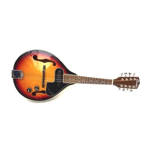 67 - A Boston electric acoustic mandolin, with burn umber gloss finish to the body with cream highlights,... 