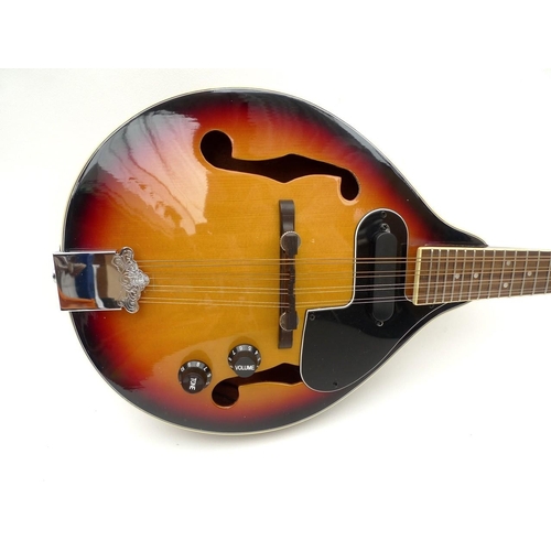 67 - A Boston electric acoustic mandolin, with burn umber gloss finish to the body with cream highlights,... 