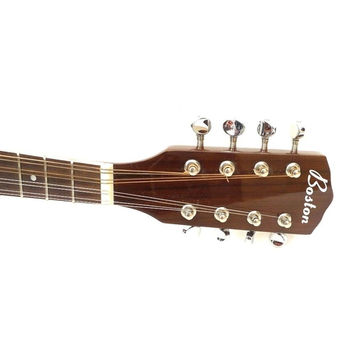 67 - A Boston electric acoustic mandolin, with burn umber gloss finish to the body with cream highlights,... 