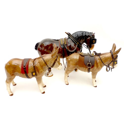 10 - Two Sylvac donkeys and a Sylvac horse, 34 by 10 by 24cm high. (3)