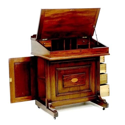 347 - An Edwardian mahogany and inlaid Davenport desk, with lift lid opening to reveal a fitted interior, ... 