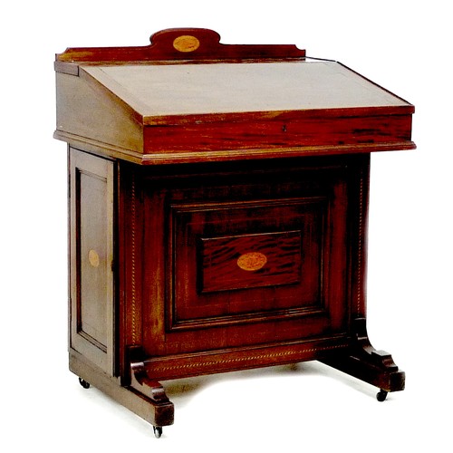 347 - An Edwardian mahogany and inlaid Davenport desk, with lift lid opening to reveal a fitted interior, ... 