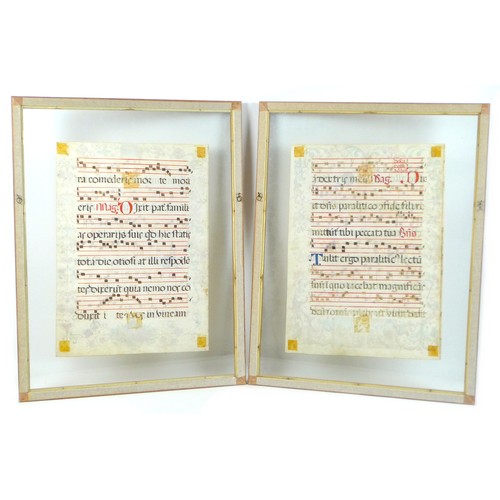 150 - Two illuminated choral music sheets, each with six lines of music and accompanying words, with gilt ... 