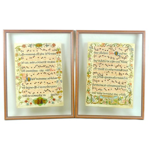 150 - Two illuminated choral music sheets, each with six lines of music and accompanying words, with gilt ... 