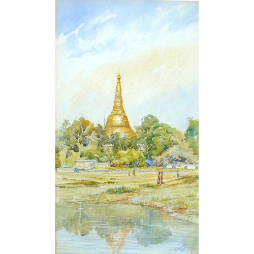 232 - Henry George Gandy (British, 1879-1950): a Burmese golden pagoda with lake in foreground, signed and... 