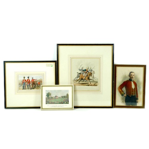 223 - A collection of four military-themed prints, including 'Light Dragoons Serving in the East Indies', ... 