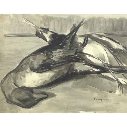 233 - Lucette de la Fougere (French, 1921-2010): a duck and a snipe, watercolour en grisaille, signed lowe... 