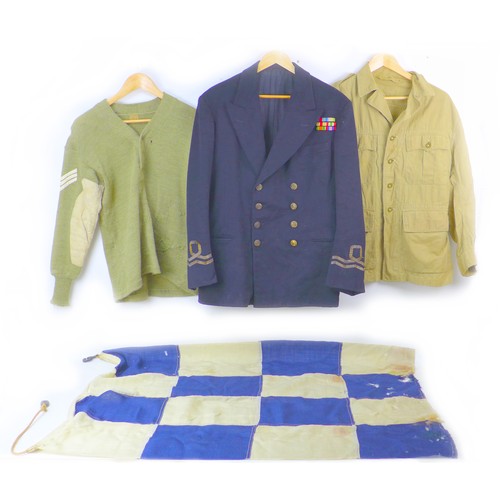 146 - Three pieces of WWII uniform, naval officer's tunic with economy braiding, ribbons and buttons, a de... 