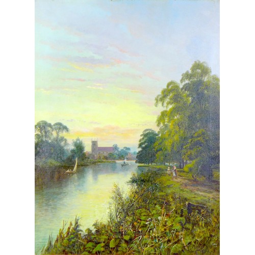 237 - British School (early 20th century): Evening view from riverbank (possibly the Thames) with boats an... 