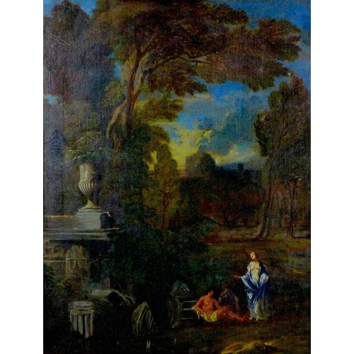 242 - Continental School (Early 20th century): Neo-classical romantic landscape with two figures partially... 