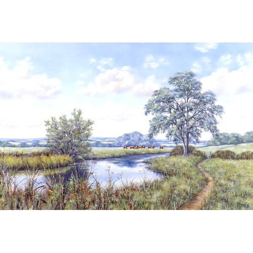 246 - Deborah Poynton (20th century): a fenland landscape, with cattle grazing beside water, signed lower ... 