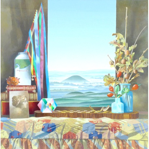 253 - Graham Arnold (British, 1932-2019): 'The Quiet Gathering', a trompe l'oeil, depicting a landscape vi... 