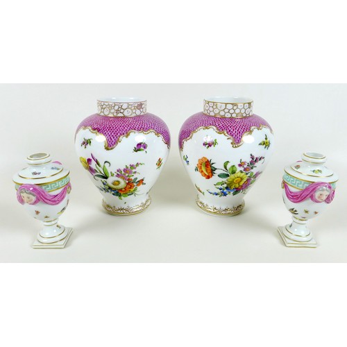 40 - A pair of Meissen Neo-Classical small vases, likely 19th century, the urn shaped form modelled with ... 