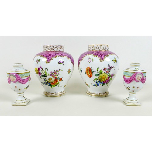 40 - A pair of Meissen Neo-Classical small vases, likely 19th century, the urn shaped form modelled with ... 