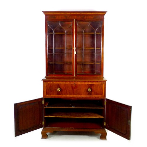 352 - A George III mahogany, crossbanded, and inlaid secretaire bookcase, raised on ogee bracket feet, 110... 