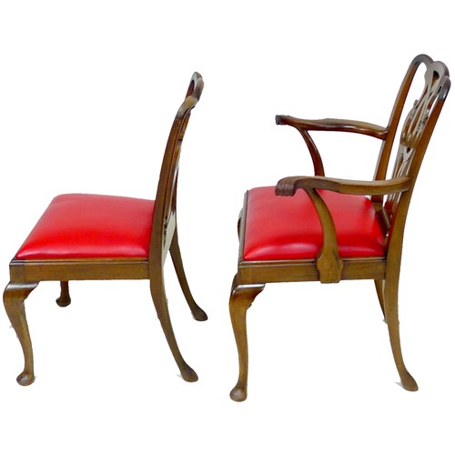 338 - A set of seven mahogany dining chairs, in the Georgian style, with red leather drop in seats, pierce... 