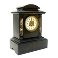 A Victorian slate mantel clock, of architectural form with marble pilasters and carved decoration, 8... 