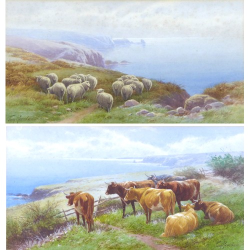 234 - Tom Rowden (British, 1842-1926): a pair of coastal landscape studies, one depicting a herd of seven ... 