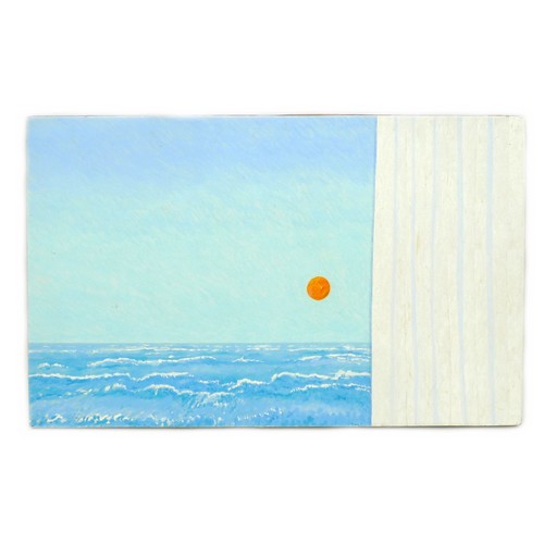 239 - A modern seascape showing the sun above waves, viewed with a white shutter beside, oil on board, uns... 